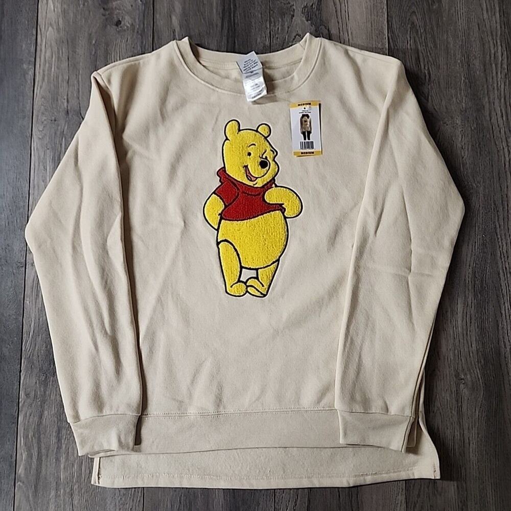 Winnie The Pooh Disney Sweatshirt Womens Ivory Textured 3D Crewneck Fleece Sz M